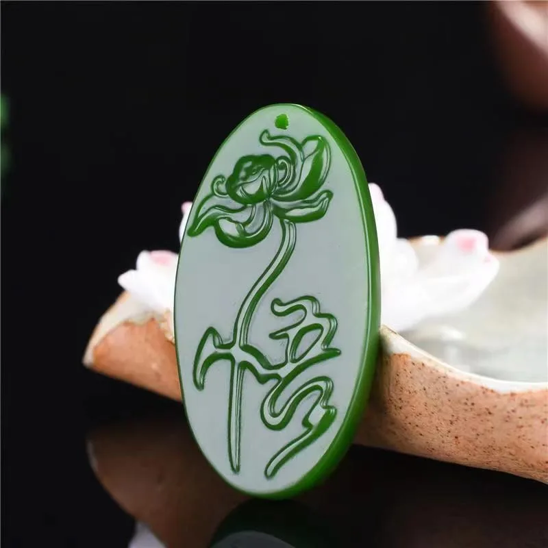 Jasper Wudao Lotus Spinach Green Pendant Men's and Women's Jade Necklace