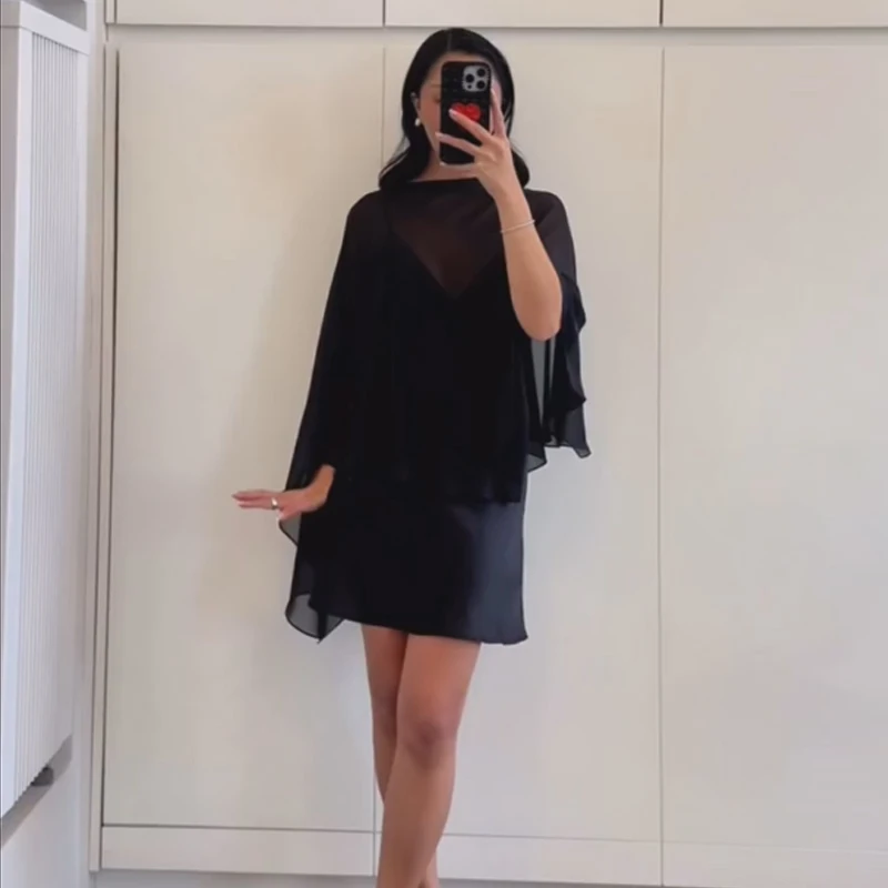 HXAO-vestido negro asimétrico para mujer, vestidos cortos de fiesta para mujer, minivestido de satén con capa, vestidos de noche semitransparentes sexis para mujer