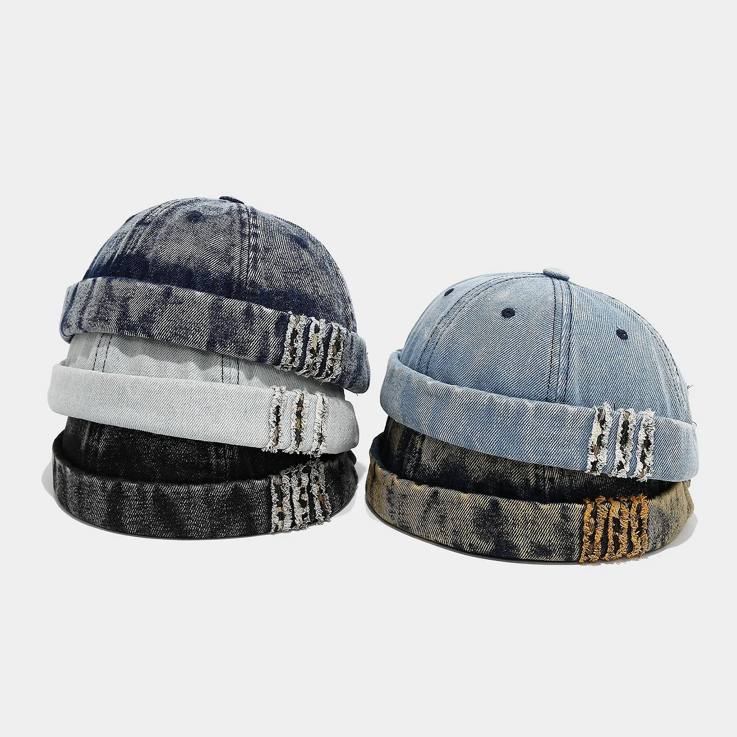 Retro Denim Docker Cap Splicing Style Brimless Caps Without Visor Leopard Beanie Hat Hats Adjustable Street Cool Vintage