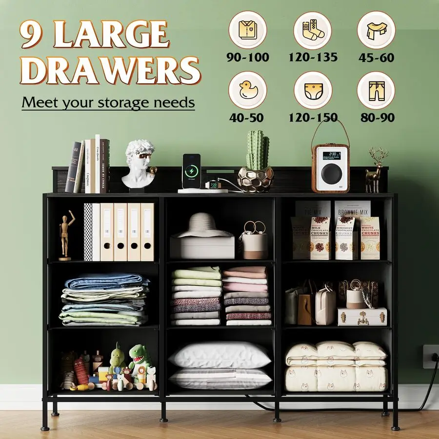 ตู้วางทีวีสีดำสำหรับทีวีขนาด 45, 50, 55 นิ้ว, ศูนย์รวมความบันเทิงพร้อมไฟ LED และแท่นชาร์จ, ตู้ลิ้นชัก