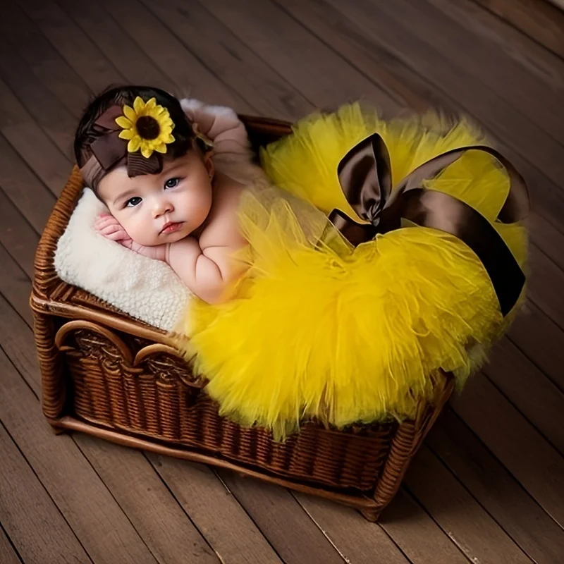 

A Set of Newborn Baby Sunflower Tutu Bow Dress, Toddler Headdress Flower Girl Photography Props Costume, Cute Photo Costumes