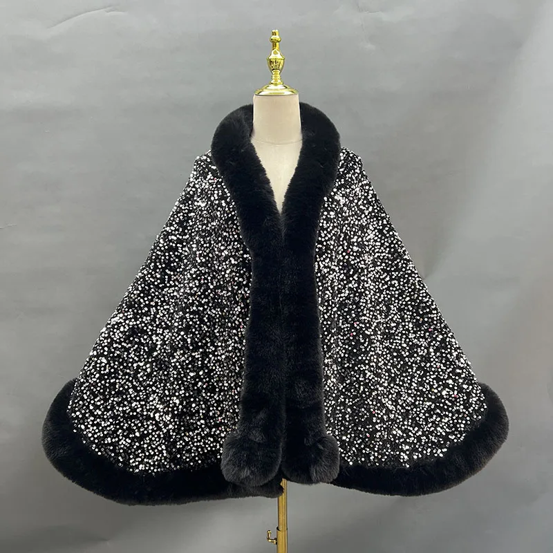 Sequins Faux Rabbit Fur Cape Coat Winter Thicken Lining Warm Party Dress Cloak Shawl Women Wraps Fashion Shiny Paillette