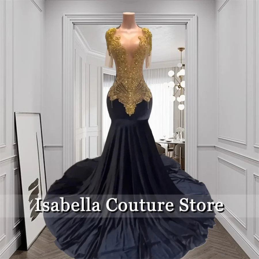 Black Velour Long Prom Dresses Gold Crystals Beads Rhinestones Birthday Dress Luxury 2024 Elegant Party Dresses Woman Customized