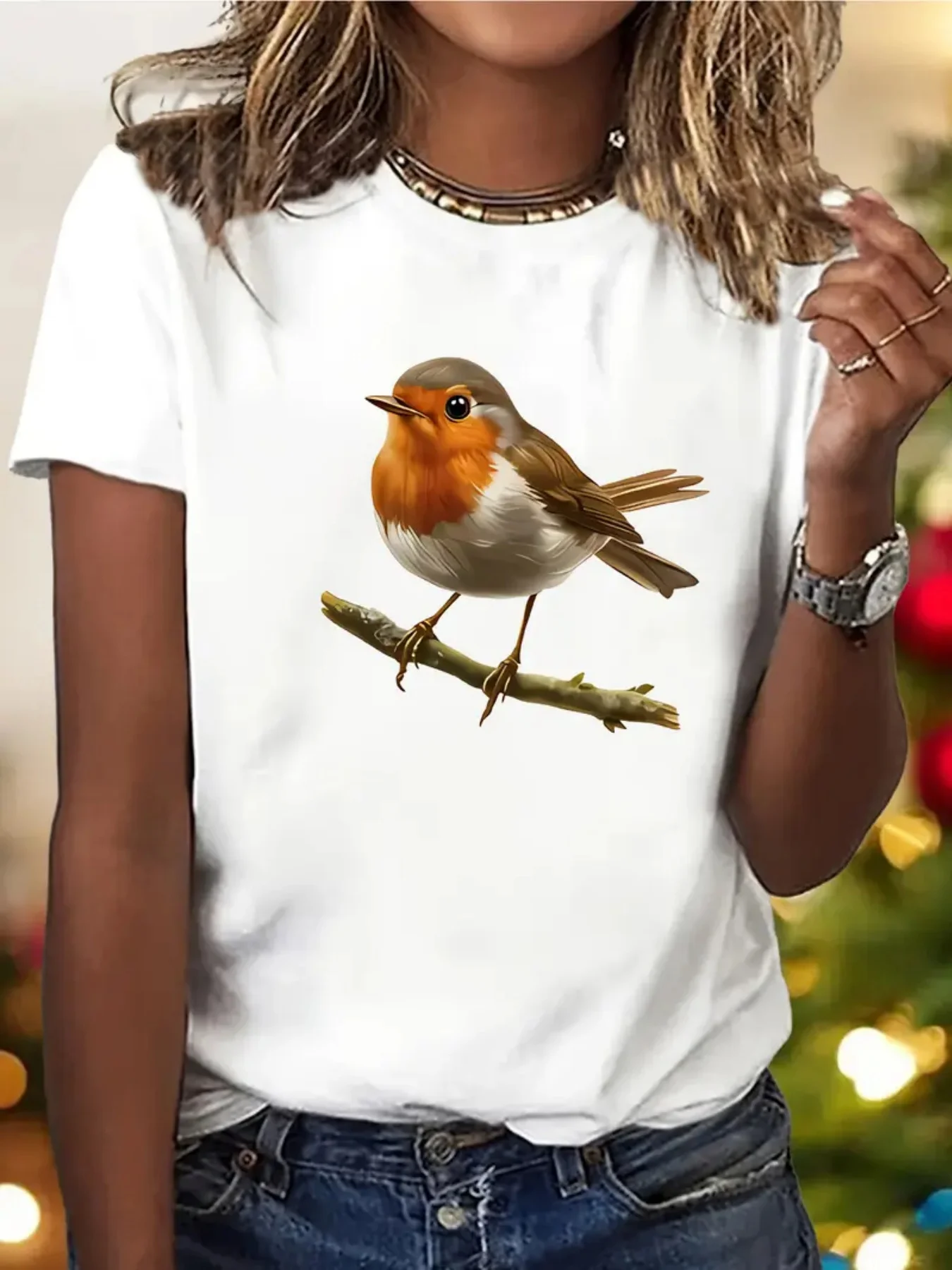 Ladies' Cardinals and Branch Pattern Casual T-shirt Soft Pink Round Neck Comfortable Fit Convenient Care Clothing Casual Style