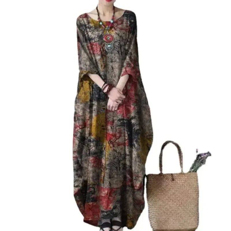 SuperAen 2022 New Loose Printed Cotton Linen Round Neck Long Sleeved Vintage Oversize Dress Women Boho Long Maxi Dress