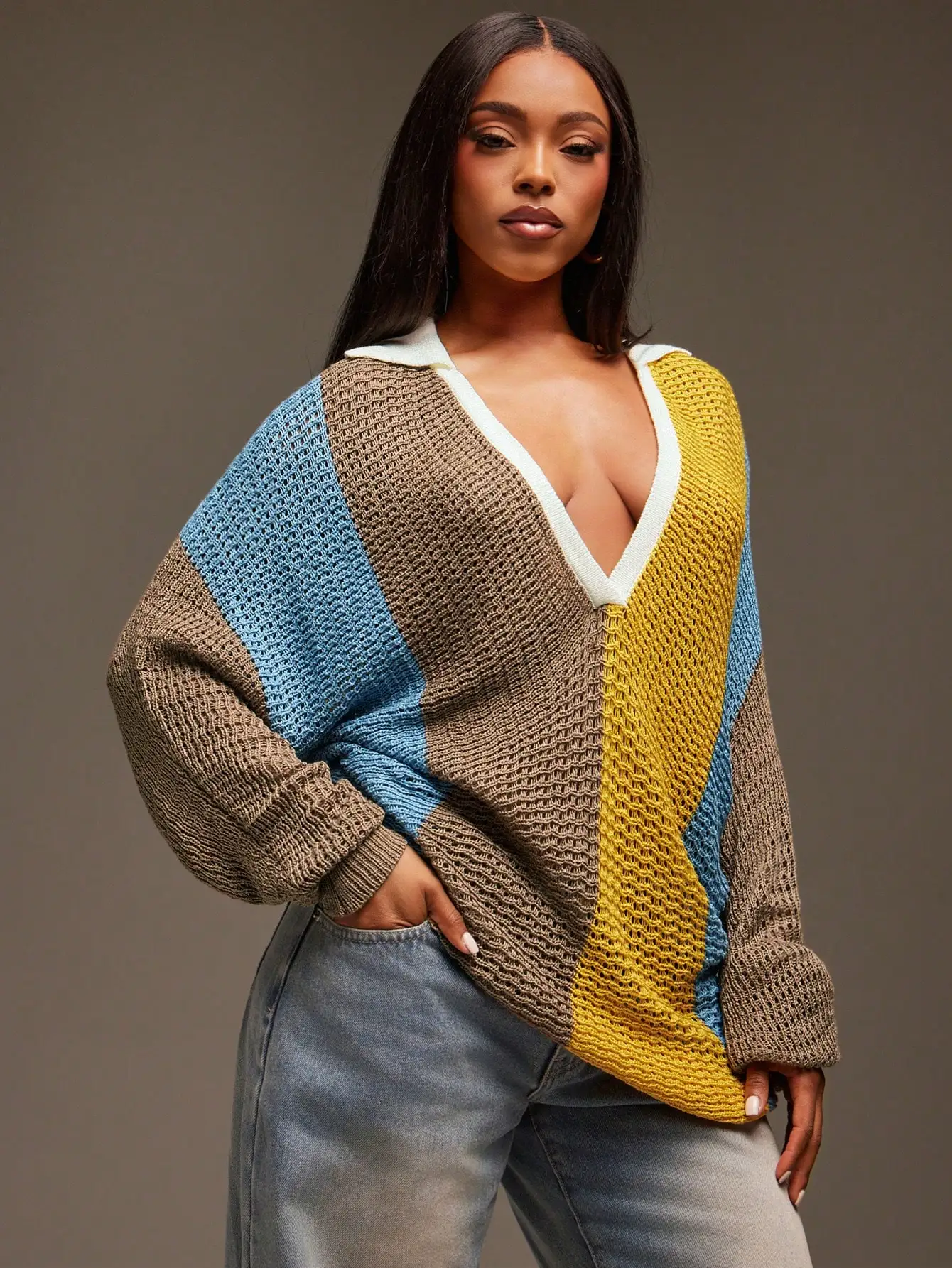 

Oversized V-Neck Color Block Knit Sweater with Collar, Streetwear Style for Fall Winter