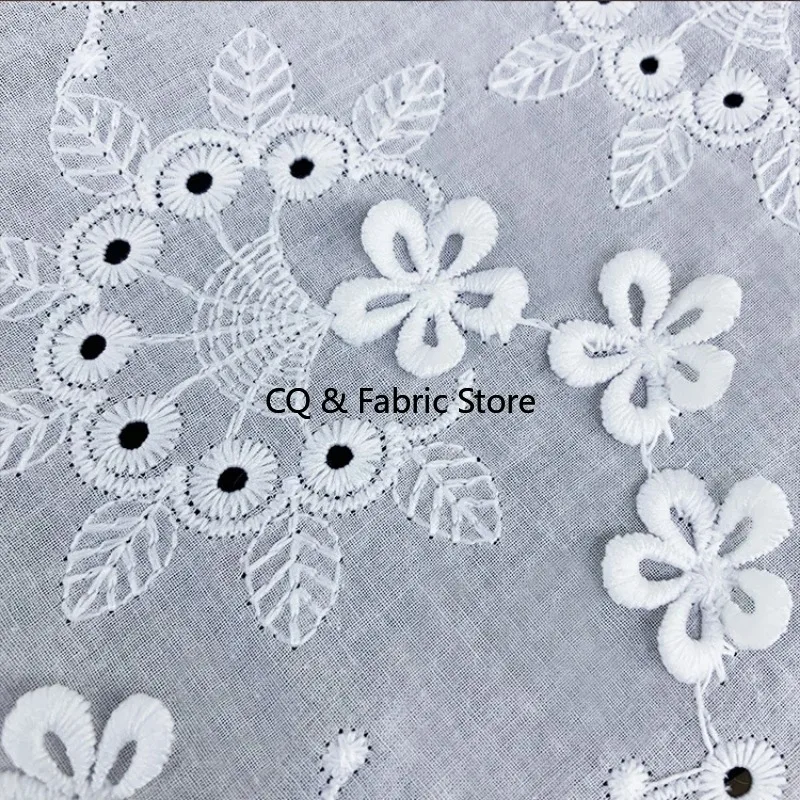 New 100%Cotton Cloth 3D Flower Embroidered Lace Fabric Handmade DIY Clothes Accessories Width 130cm 1Yard