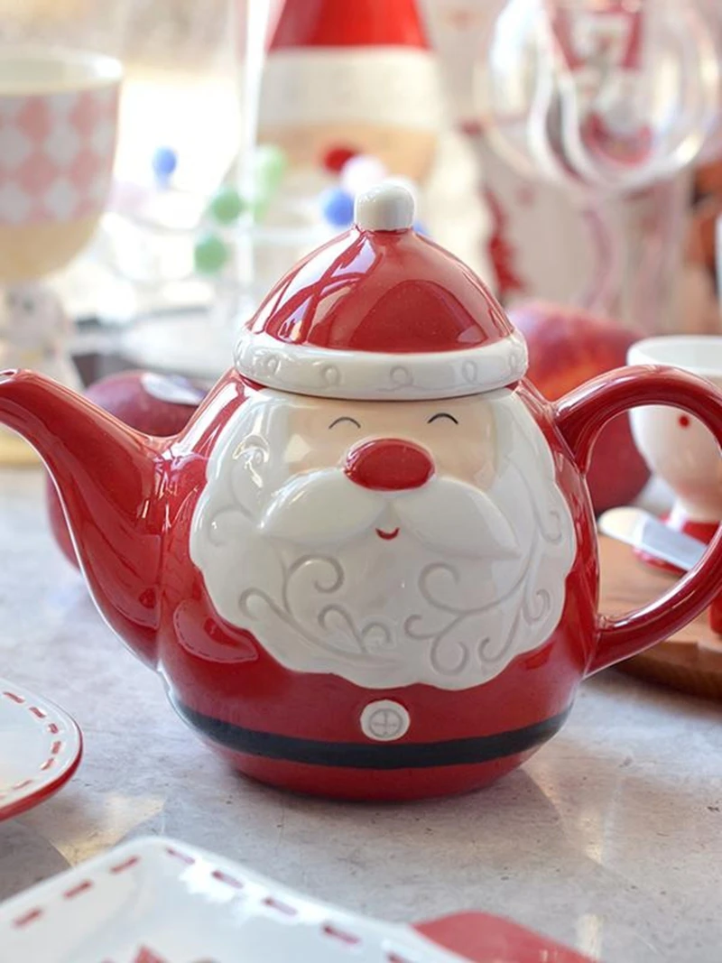 

2025 Winter Limited Edition New Santa Claus Tea Pot Coffee Pot Underglaze Color Cute Relief Festive and Creative Tableware