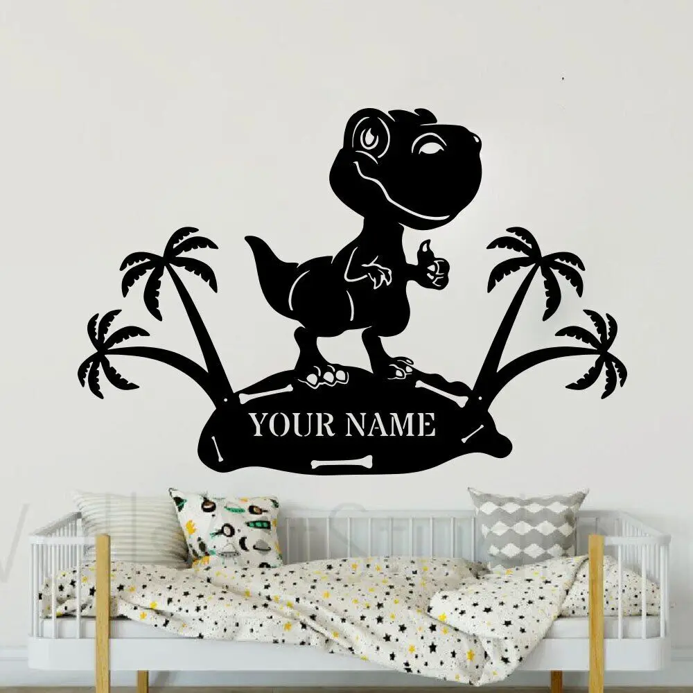Custom Name T-Rex Dinosaur Palm Tree Wall Decal Children Room Dino World Park Mountain Wall Sticker Playroom Decor