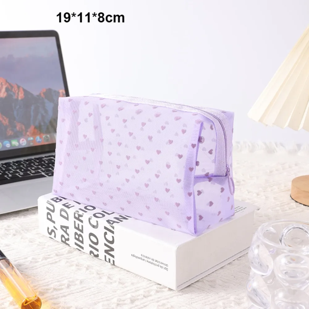 Heart Transparent Mesh Makeup Bag Multifunction Portable Women Cosmetic Storage Pouch Blue/Purple Ladies Toiletry Storage Bag