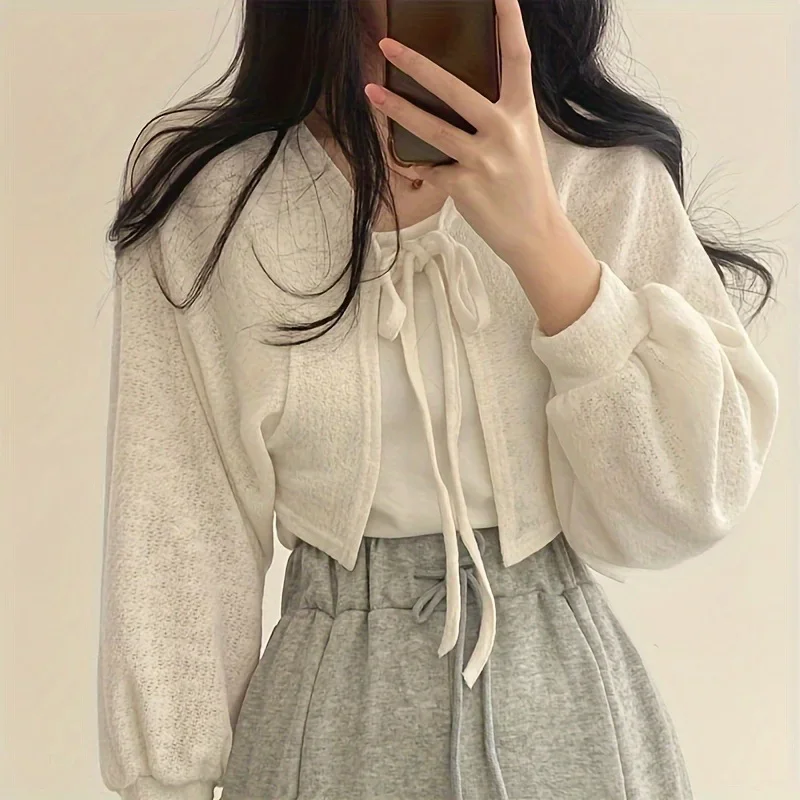 

White Knitted Cardigan Women Summer Thin Sunscreen Lace-Up Knitwear Tops Female Korean Style Lantern Sleeve Short Coat