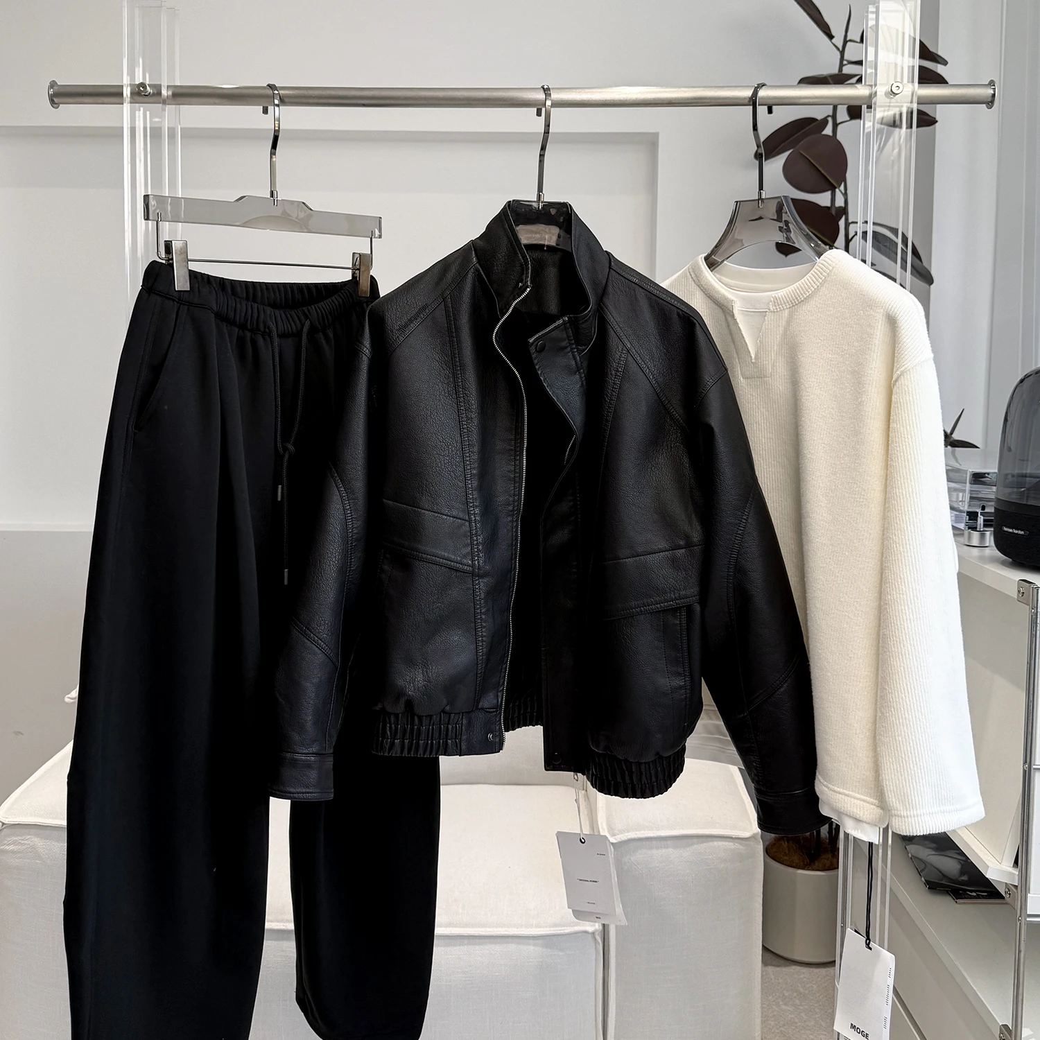 

Fce Lined Leather Jaet Casual Loose Fit Stand Collar Sli Men's Top for Couples Polyester Fiber Long Sve Zipper