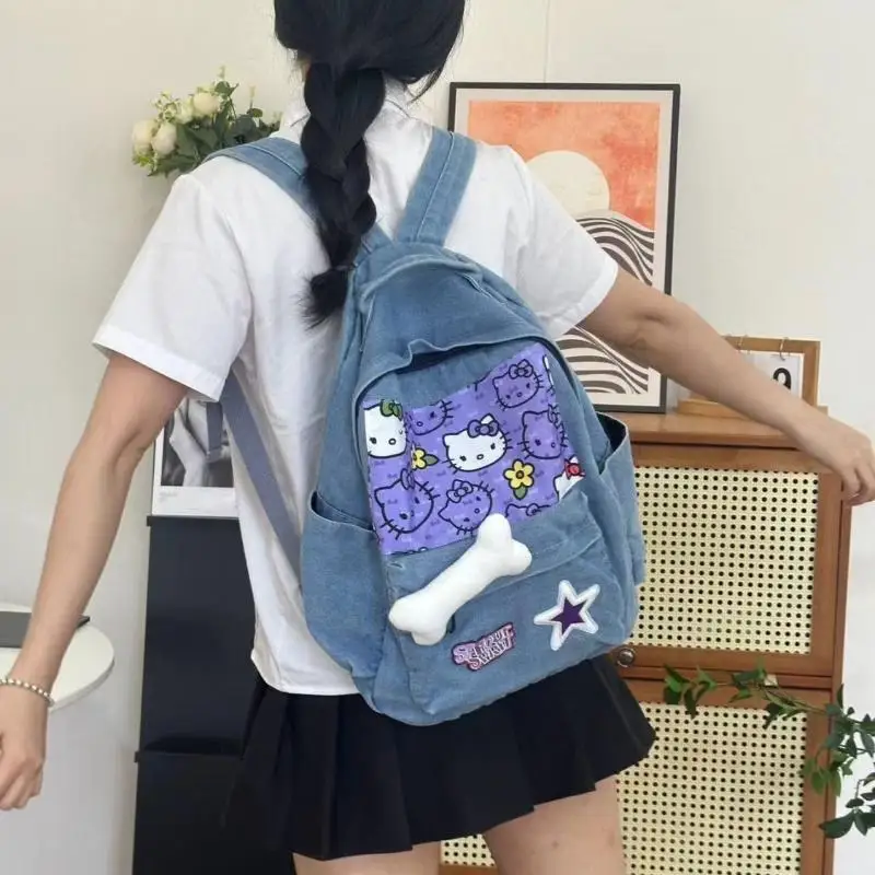 

Школьная сумка Sanrio Hello Kitty Y2K Design Sense Niche, популярный джинсовый рюкзак для девочек, фиолетовый студенческий рюкзак большой вместимости, хит продаж