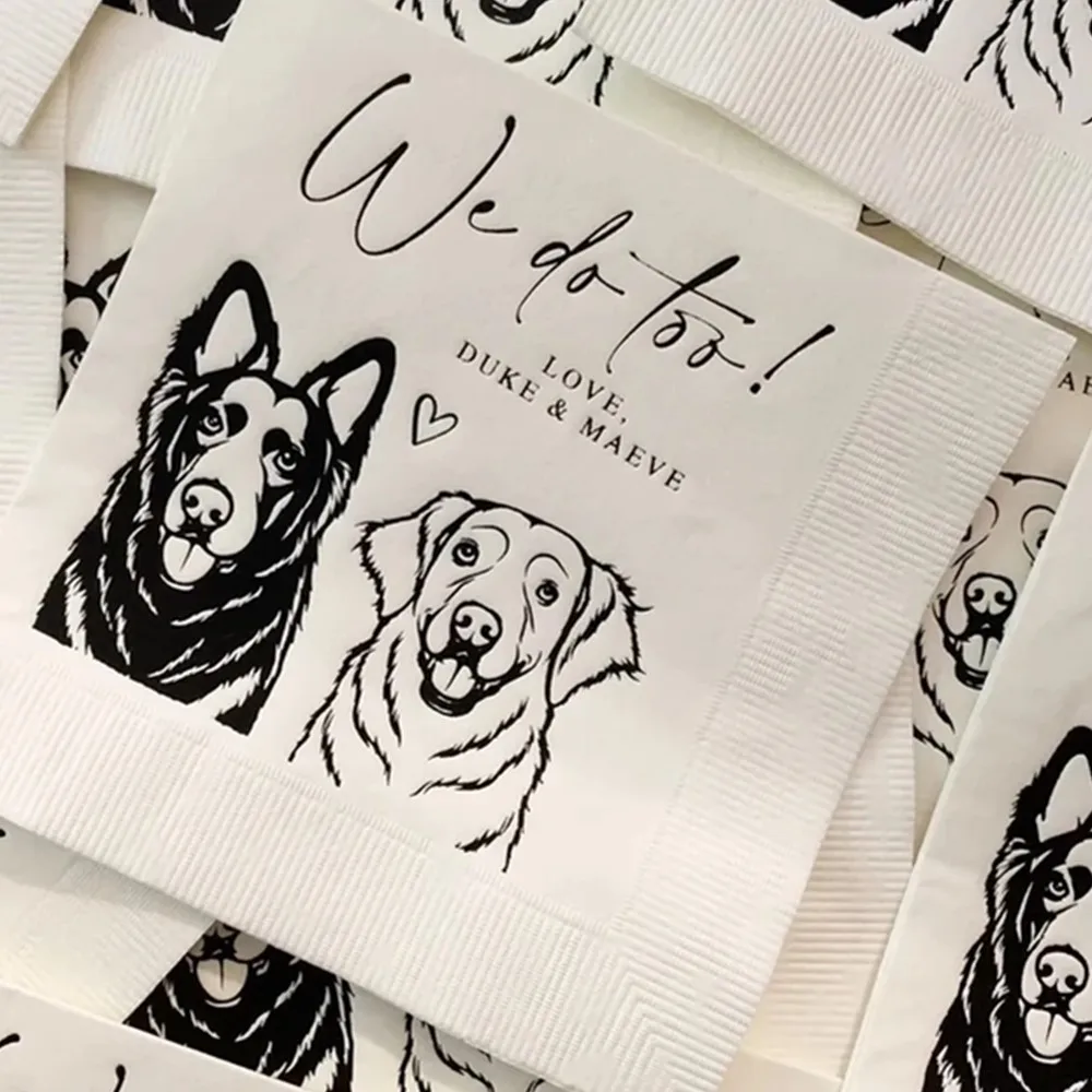 24 Personalized Pet Wedding Napkins, Dog Portrait Serviettes, Cat Cocktail Napkins, Luncheon, Customizable Illustrated Napkin,