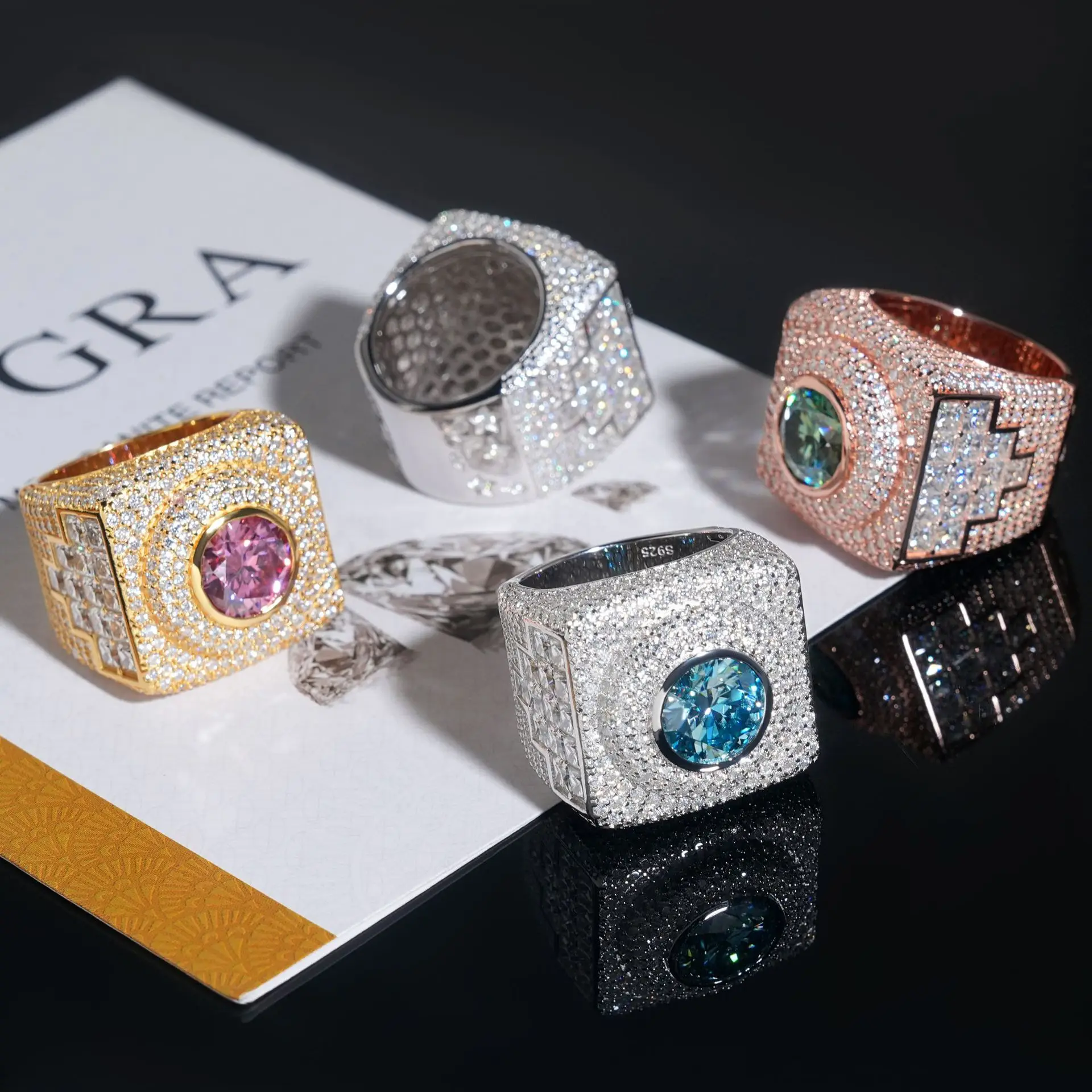 S925 Silver 4CT Multi-Color Moissanite Ring, Hip Hop Statement Jewelry, Lab Grown Rainbow Diamond Alternative Ban