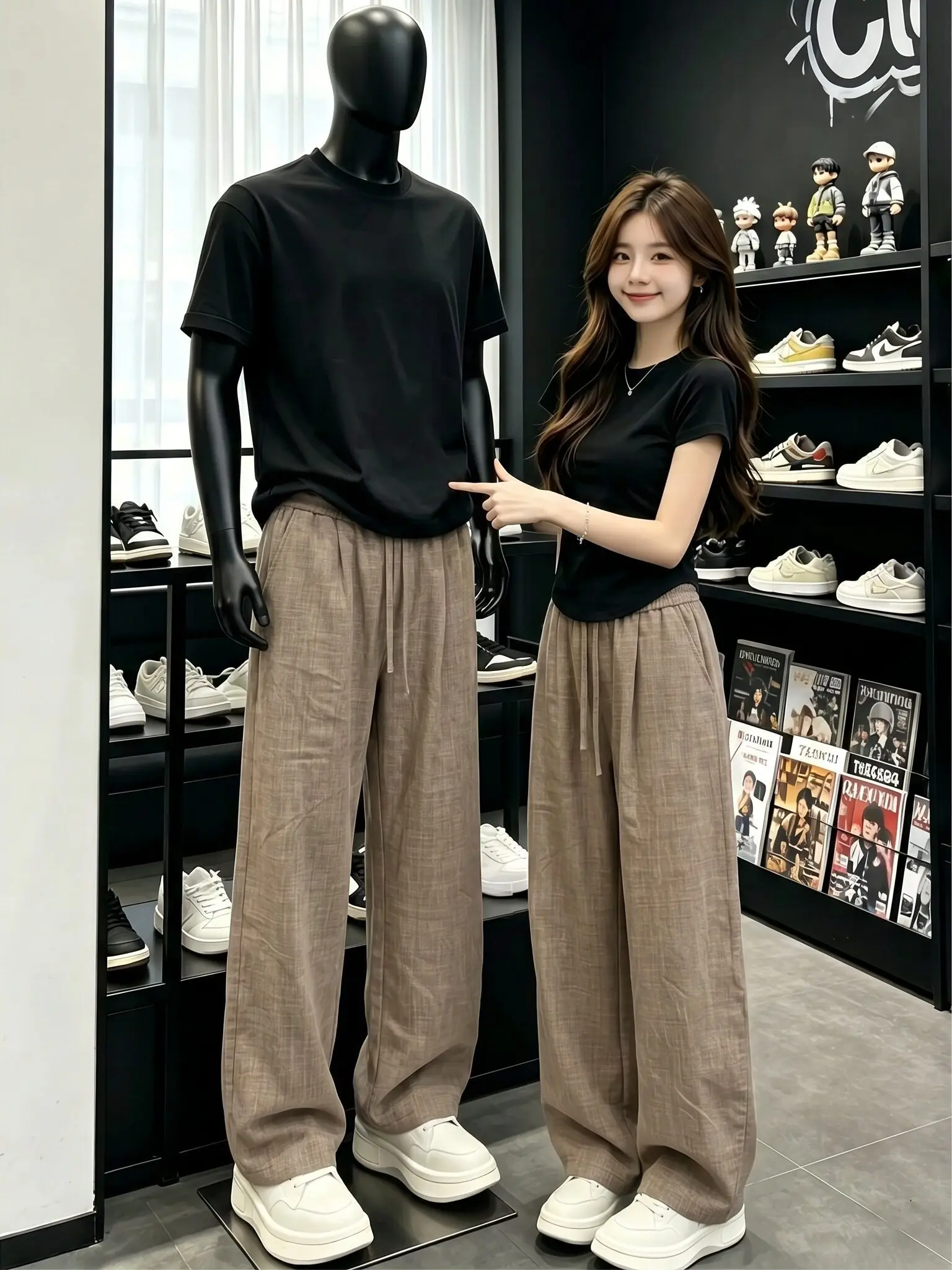 Brown Mermaid Style Men's Summer Thin Wide Leg Pants Draping Straight Casual Trousers Breathable Loose Fit Neutral Color