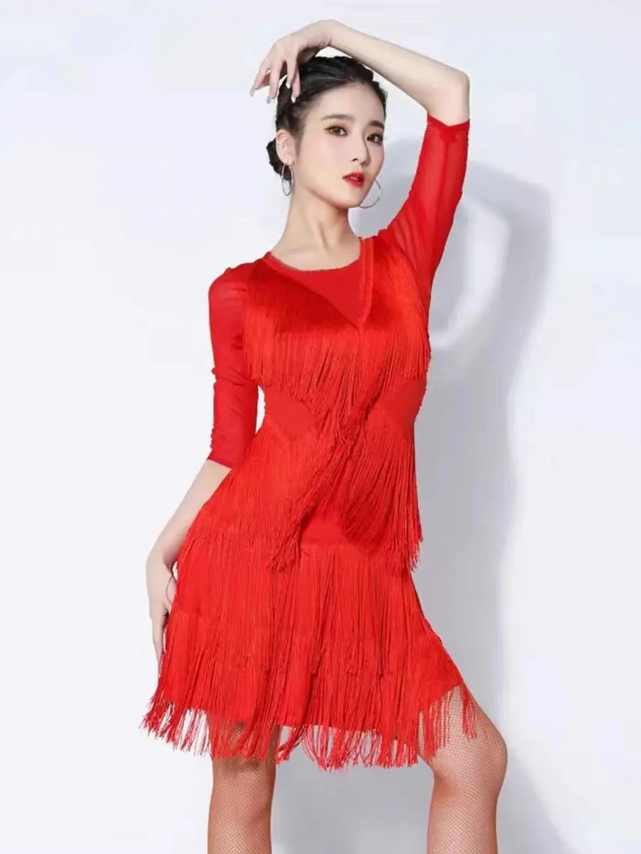 Latin Dance Rok Dames Volwassen Lange Kwast Jurk Danskleding Grote Swing Rok Fishtail Rok Bottoms Performance Wear