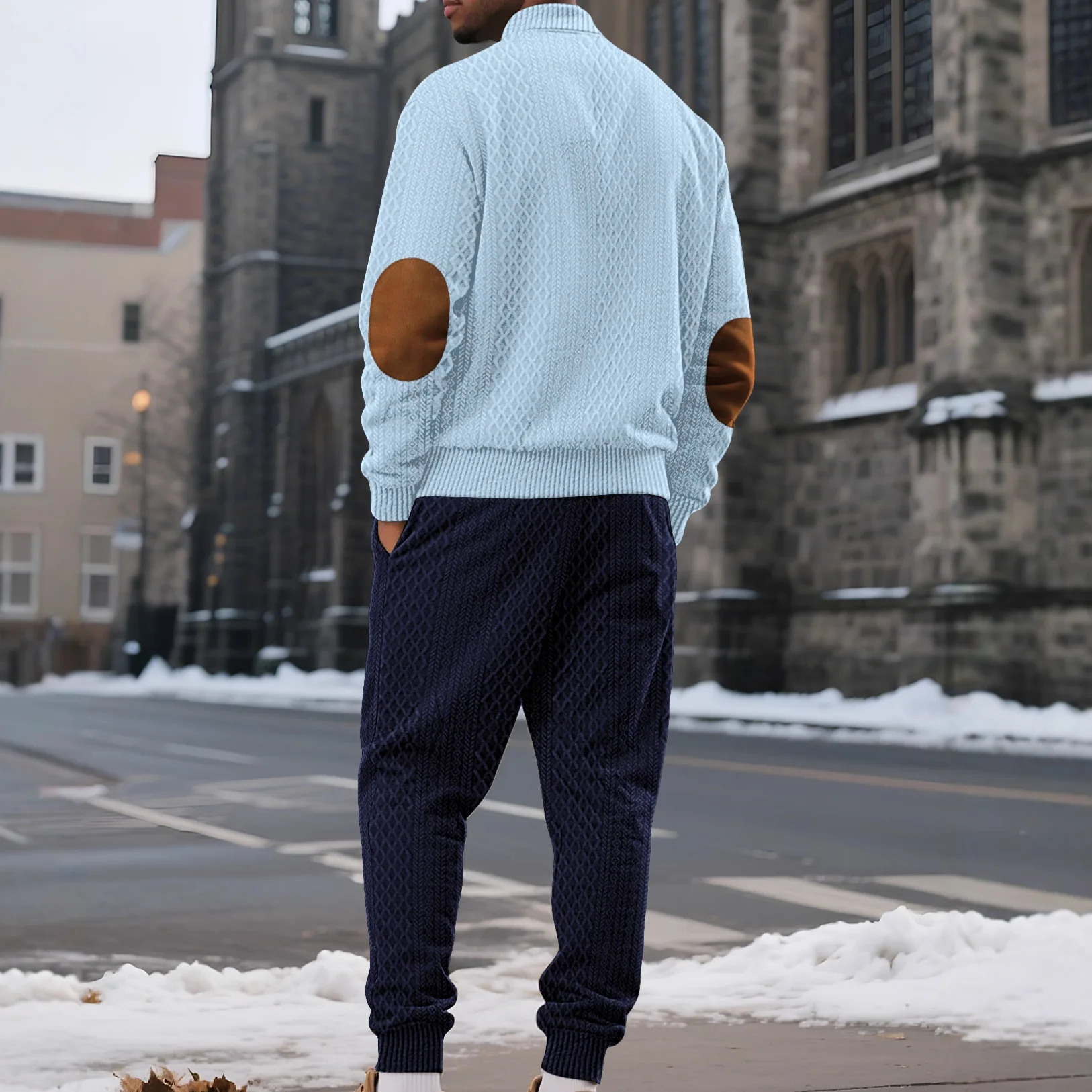 Men's Spring Checkered Jacquard Sport Business Sweatshirt And Sweatpants Set Casual Solid Color Sportswear for Men