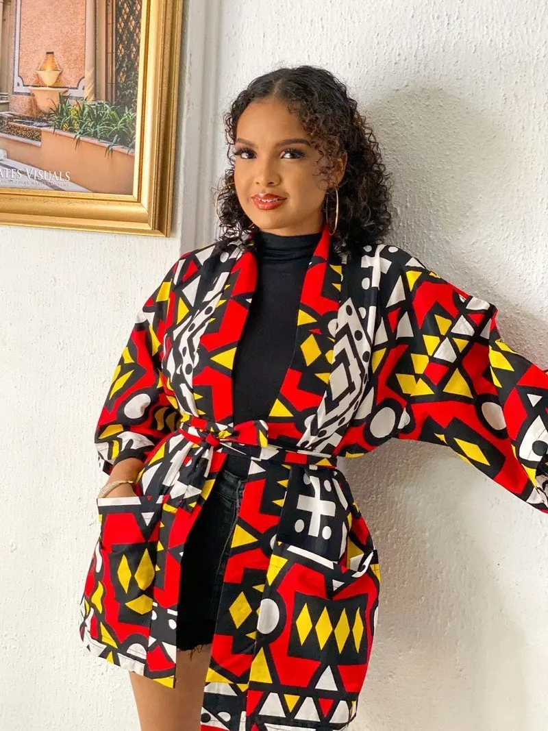 African  Printing Dress Women\'s Fashion Kimono Cardigan Coat Dashiki Geometric Belt Dress Plus Size Retro African Christmas Robe