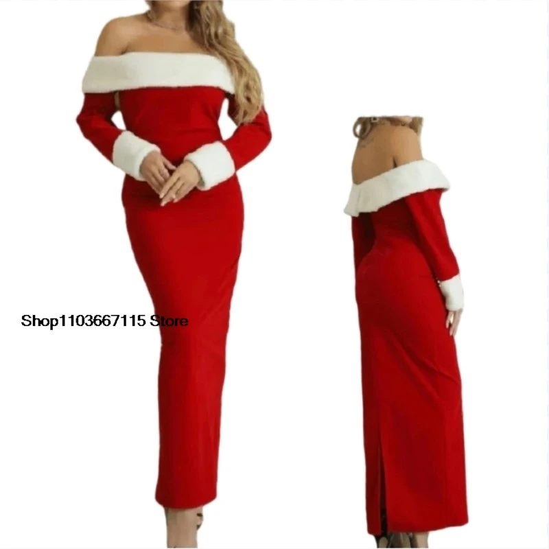 Women Mariah Cosplay All I Want for Christmas Theme Party Red Outfit Costume Dresses Boat Neck Xmas Roleplay New Year Clothes