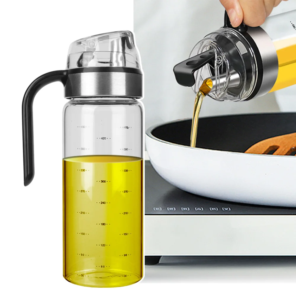 Condiment Container Transparent Glass Auto Flip Cap Olive Oil Dispenser Bottle with Scale Large Leakproof