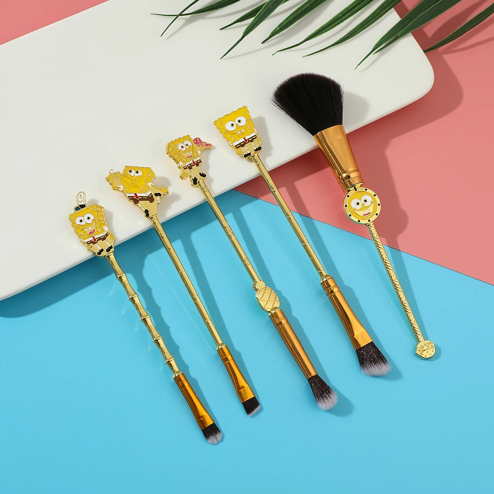 5pcs/Set SpongeBob SquarePants Cartoon Makeup Brushes Kits Foundation Blending Blush Concealer Eyebrow Powder Brush With Pouch