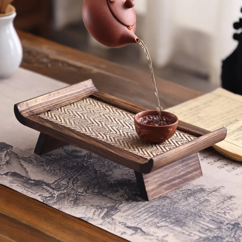 

Vintage Rectangular Tea Tray Dry Solid Wood Bamboo Woven Tea Serving Board Home Brewing Drainless Tea Plate