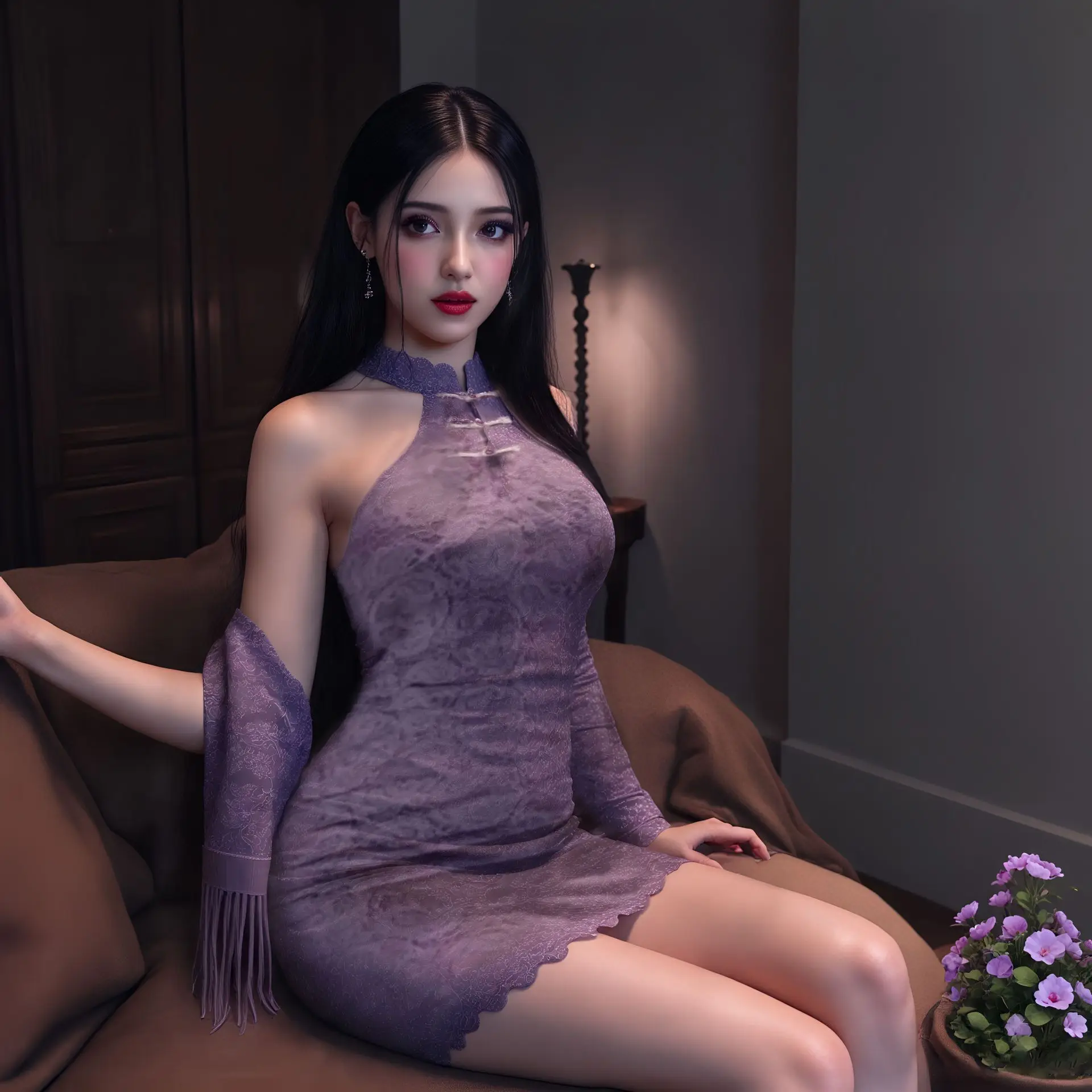 فستان لانجيري صيني مثير نمط شرقي جديد بدون أكتاف دانتيل شيونغسام مع كيب شفاف، ملابس نوم ضيقة ذات رغبة نقية