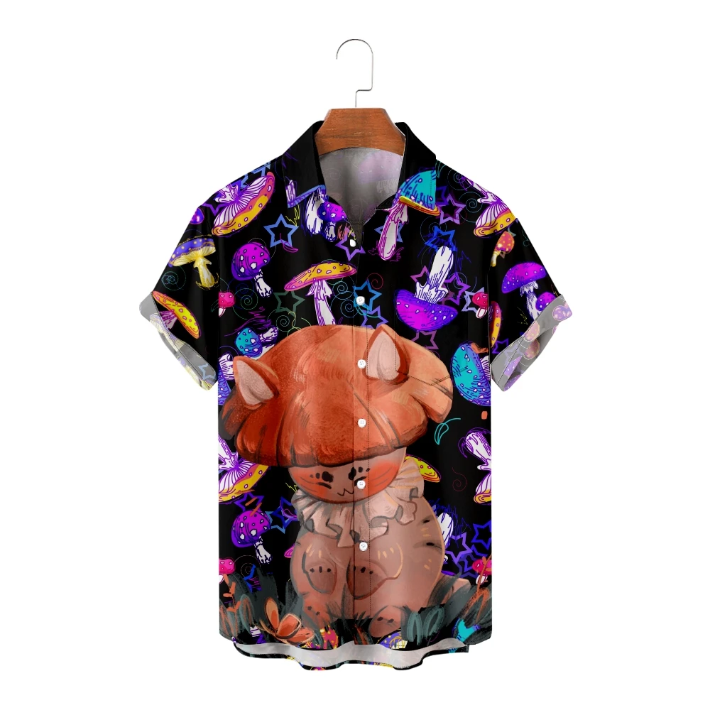 Hawaiian Shirts for Men Mushrooms Print Short Sleeve Shirts Cool Summer Purple Tops Creative Breathable