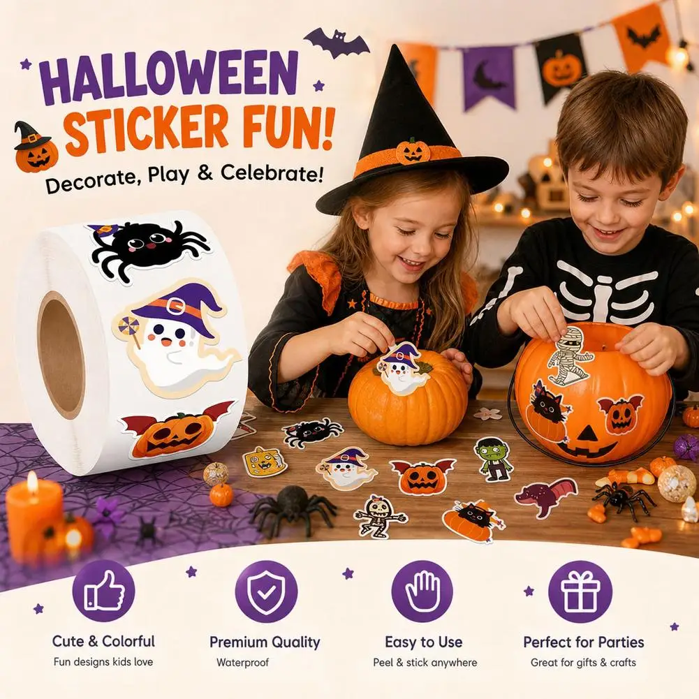 500pcs Halloween Self-Adhesive Cartoon Stickers Roll Coated Paper Easy Peel Multicolor Label For Party Goodie Bag Decor