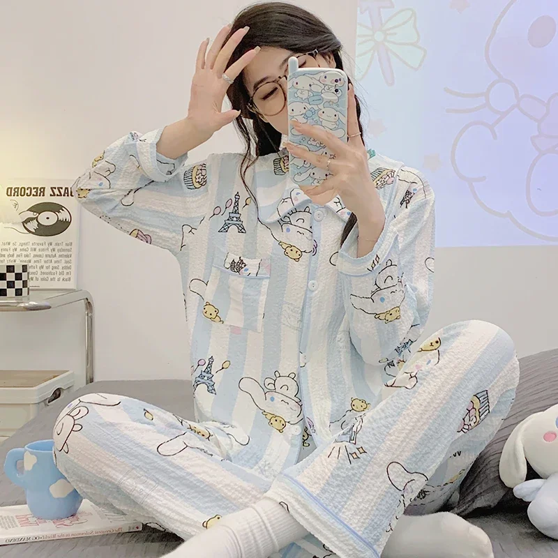 

Sanrio jade cinnamon dog silk pajamas women's autumn pure cotton cartoon long-sleeved trousers loose home women's pajamas set