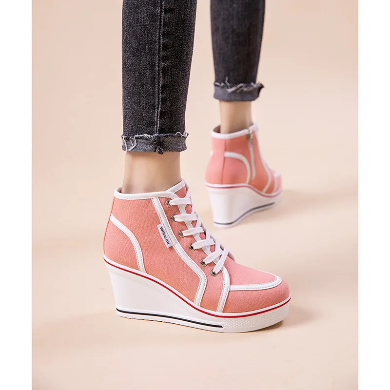 Lace Up Women Comfy Wedges High Heels Sporty Canvas Sneakers Bordered Denim  Height Increasing Maternal Women Shoes 35-43