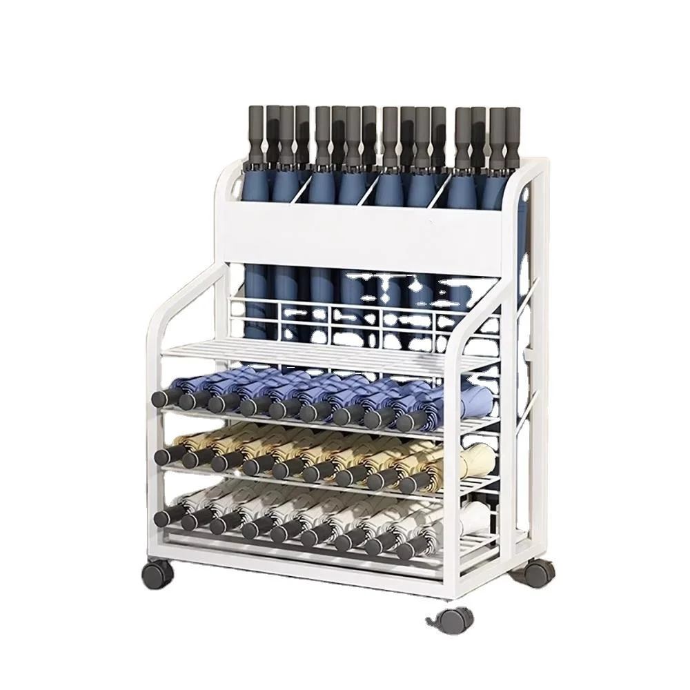 Metal Umbrella Display Stand Retail Store Storage Rack Double Hook Basket Floor Display Rack with Wheel