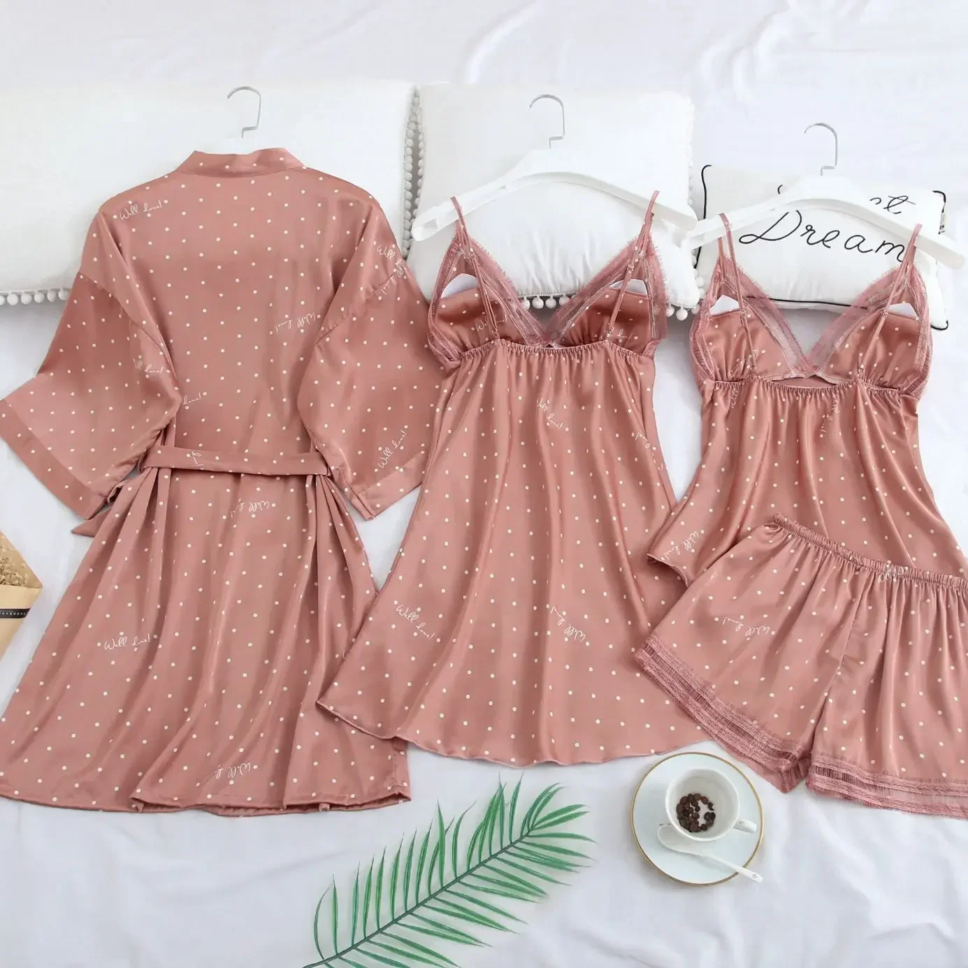 Pink Print Dot Wedding Robe Set Sleepwear Casual Intimate Lingerie Nightgown Nightdress Soft Homewear Home Clothing Kimono Gown