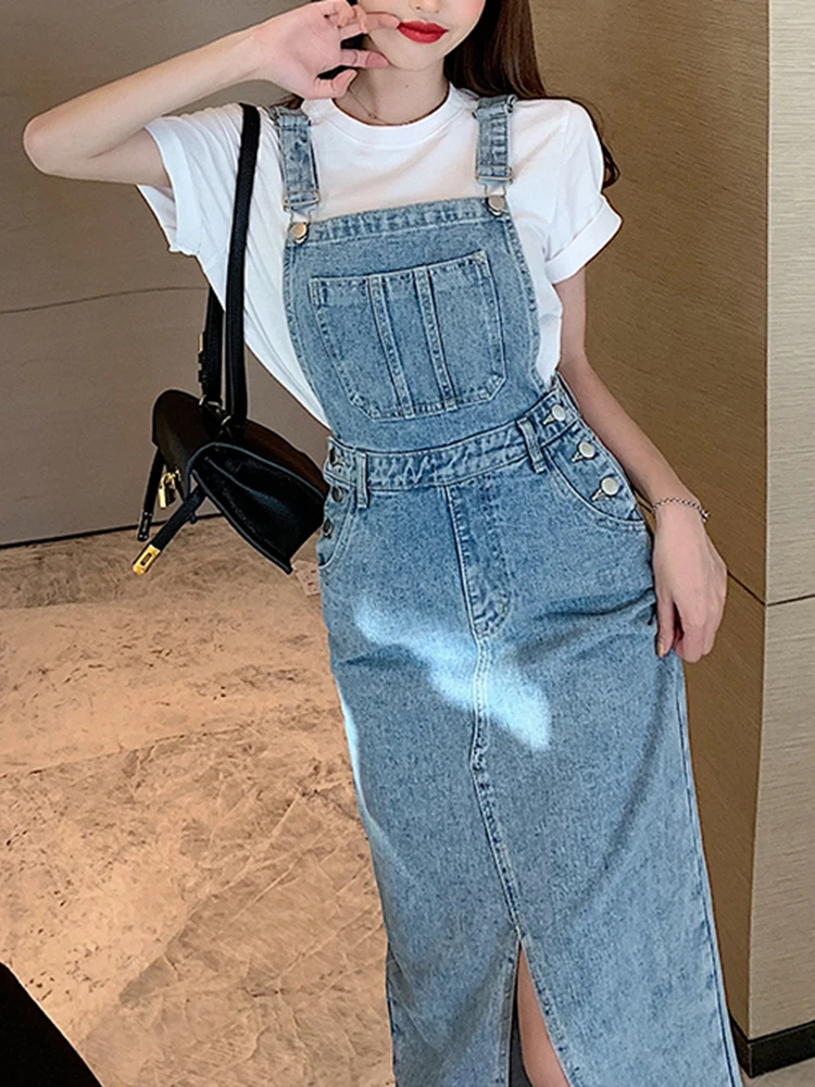 Teen Girls Casual Pencil Dresses Female Adjustable Strap Jean Dresses Blue Black Summer 2022 Women Denim Dress Sundress