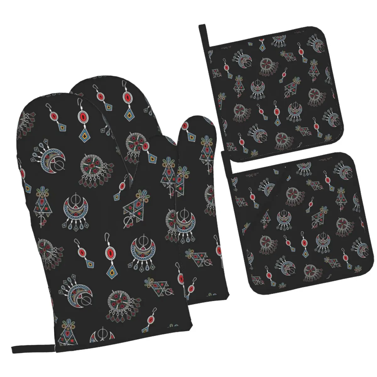 

Kabyle Jewelry Amazigh Africa Ethnic Style Oven Mitts and Pot Holder Sets of 4 for Baking Kitchen Cooking BBQ Resistant Gloves