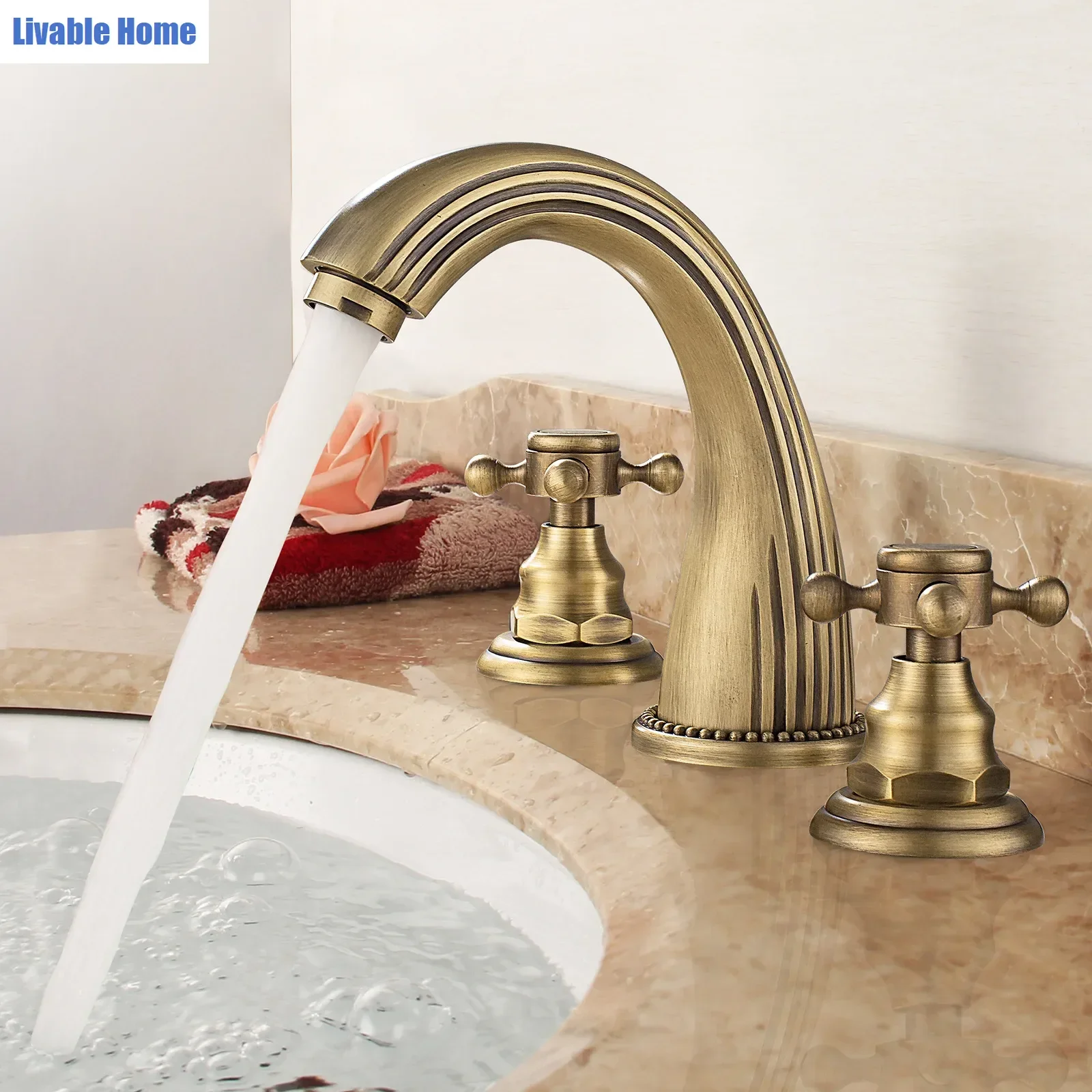Solid Brass Antique-Style Three-Hole Basin Tap Bathroom Double-Handle Three-Piece Set Splash-Proof Domestic Hot & Cold Mixer Tap