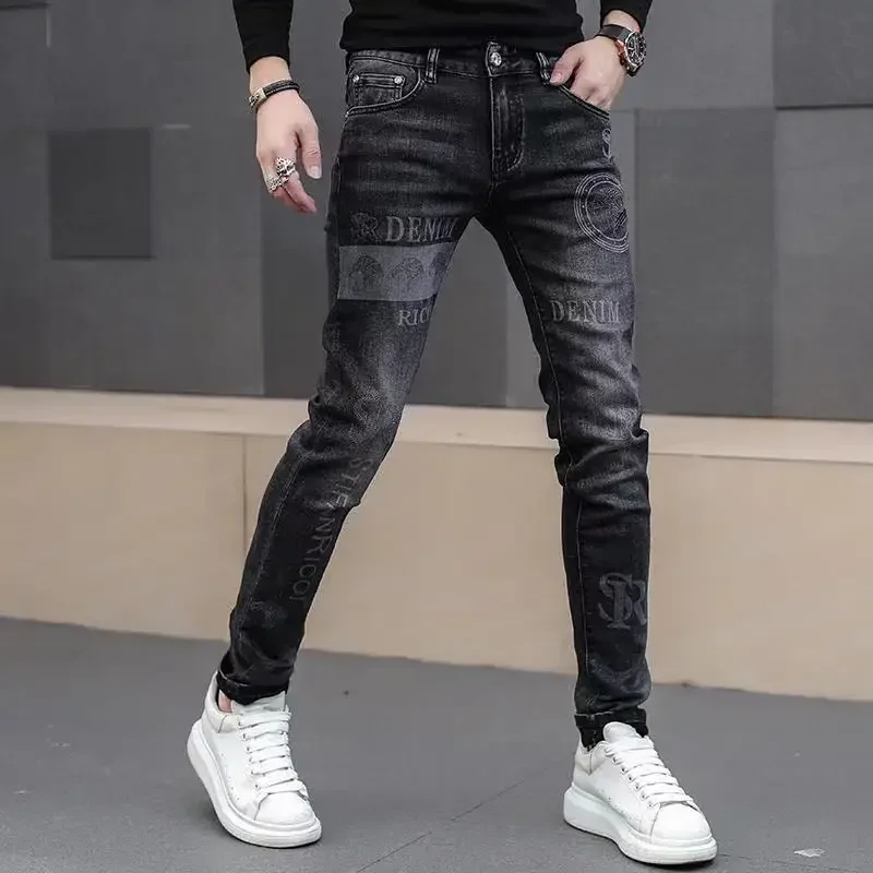 

Jeans for Men Graphic Trousers Slim Fit with Print Male Cowboy Pants Tight Pipe Goth Skinny Washed Stacked Korean Fashion Soft