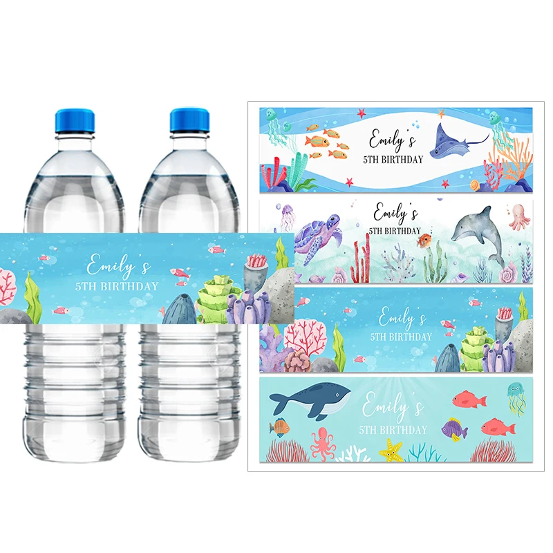 Personalized Text Water Bottle Label Stickers Under The Sea Animals Ocean Day Marine Party Birthday Baby Shower Baptism Decor view 3