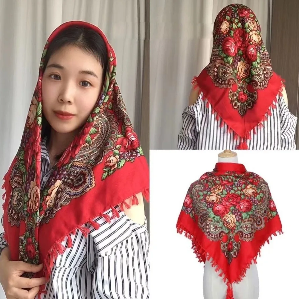 

Traditional 90*90cm Floral Print Square Scarf Russian Style Embroidery Head Wraps Knot Tassel Headwear Women