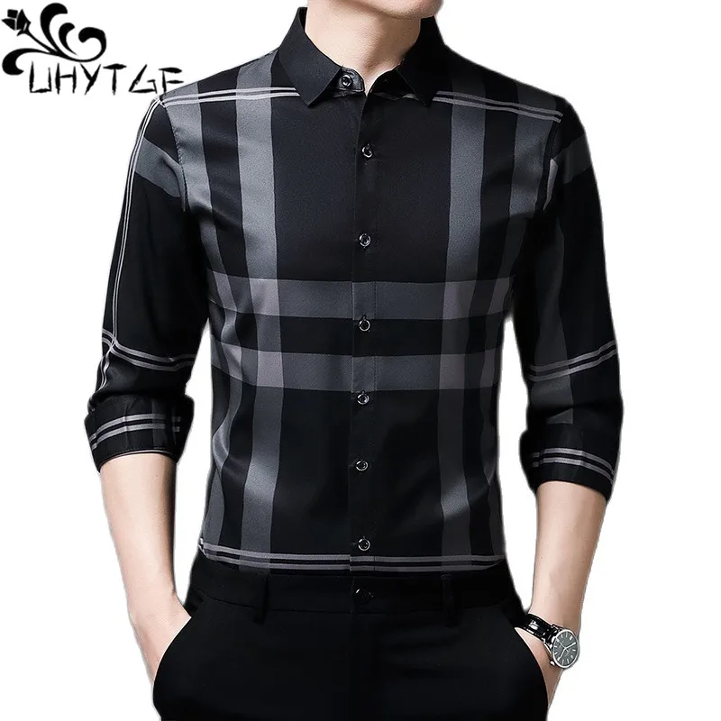 

UHYTGF Fashion Youth Shirts Mens Long-Sleeved Striped Spring Autumn Blouses Male Single Breasted Breathable Tops For Men 4XL 312