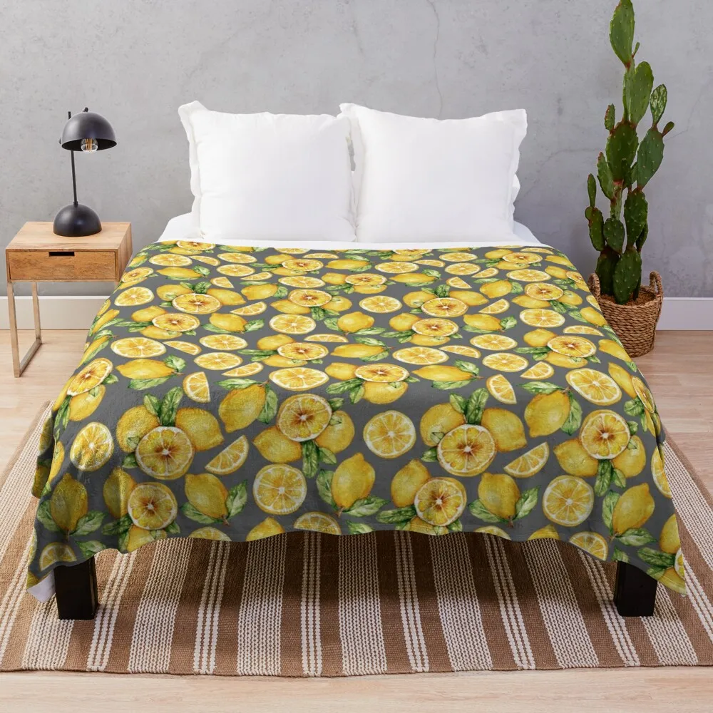 

Lemons Pattern on a Contrasting Grey Background Throw Blanket Soft Bed Blankets