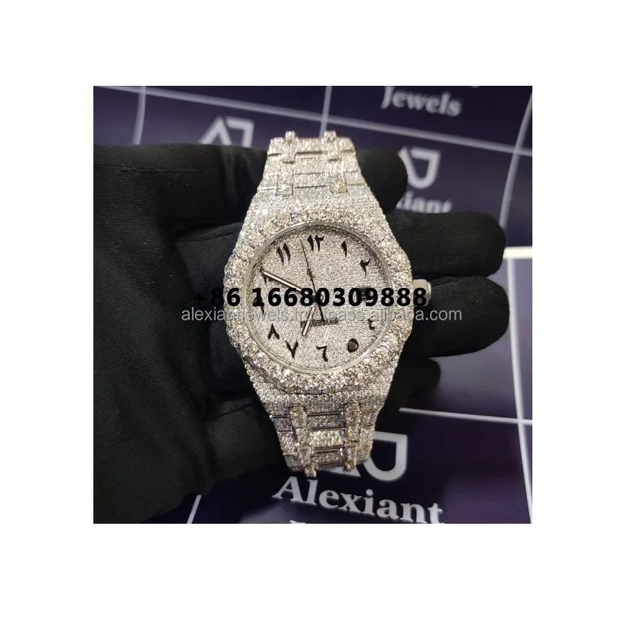 High Quality 41MM Hip Hop Iced Out VVS Clarity Full White Moissanite Diamond Studded Automatic Movement Watch For Unisex Couple