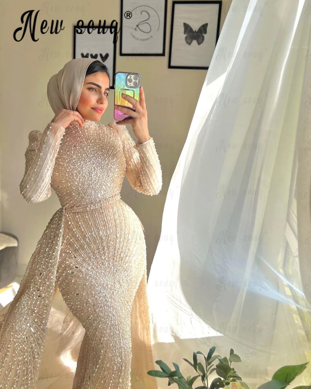 Abendkleider Light Champagne Evening Dress Dubai Muslim Long Sleeve Formal Prom Gowns Arabic Plus Size Wedding Party Dress Bead