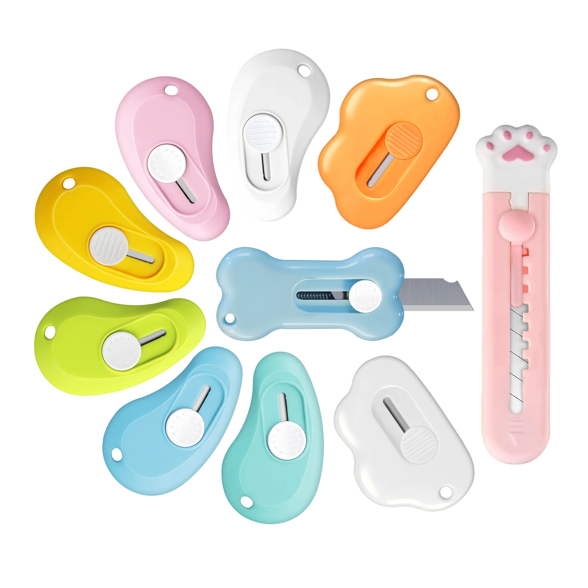 10-Piece Mini Retractable Multi-Purpose Knife Set, ideal for cardboard boxes, letters, envelopes, and everyday use.