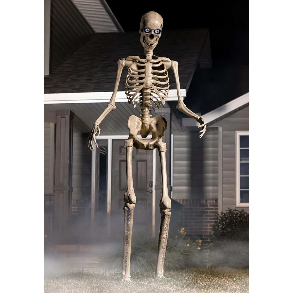 8FT Animated Outdoor Yard Skeleton Decoration, Motion Sensor Eyes Flashing LED Light with Moving Jaw, Animatronic Skeleton Hallo