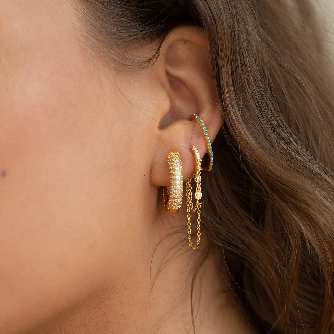 2PCS New Fashion Gold Color Crystal Zirconia Chain Hoop Earrings Women Small Pendant Star Ear Cartilage Earring Piercing Jewelry