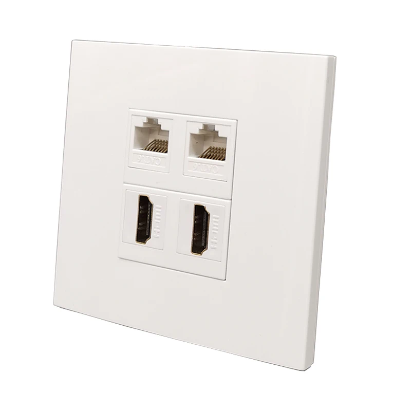 Two Ports CAT6 RJ45 LAN Socket With 2x HDMI2.0 Female Plug Wall Panel In White Color
