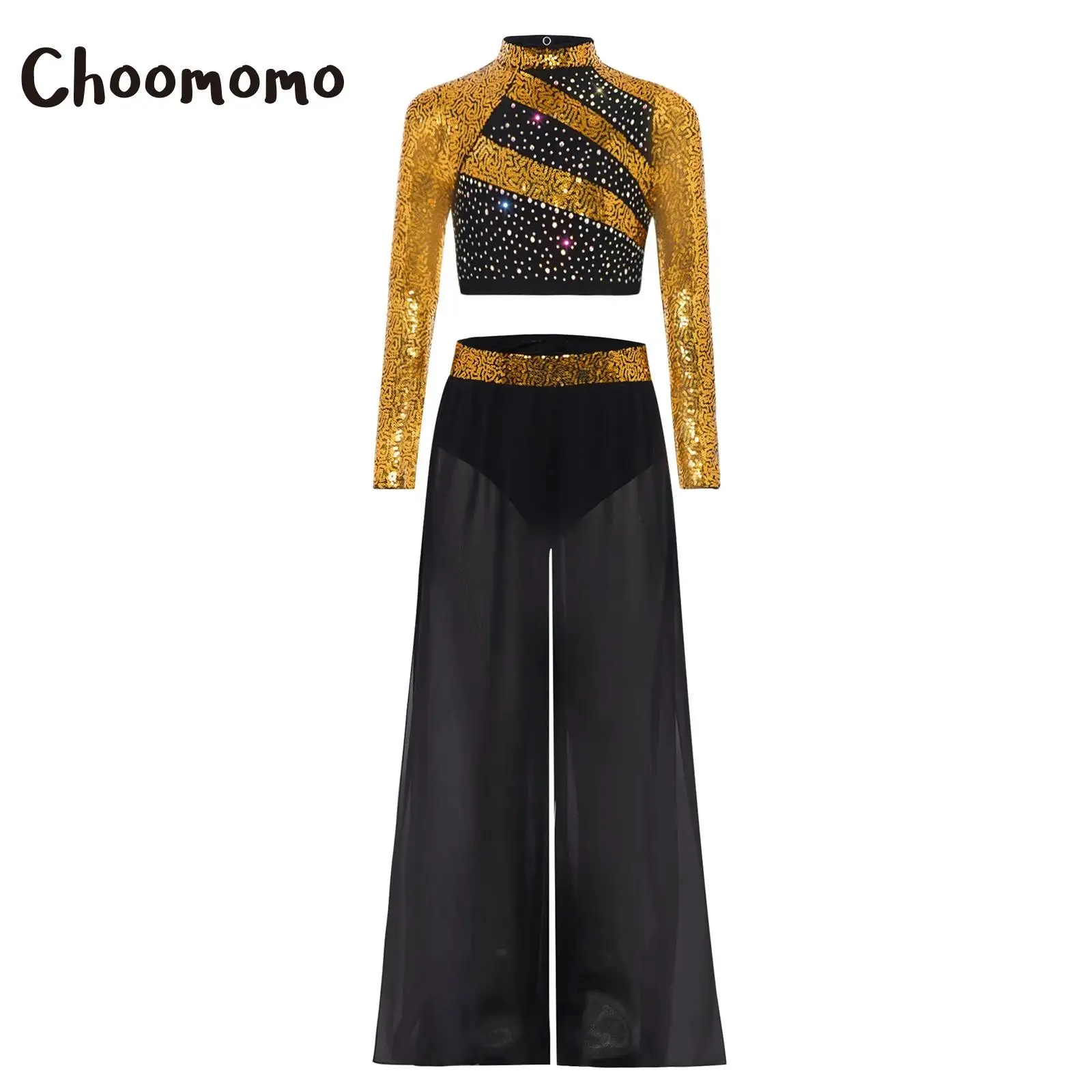 

Kids Girls Ballet Jazz Dance Costume Lyrical Dance Set Long Sleeve Sequin Crop Top +Chiffon Wide-Leg Side Slit Dance Pants Suit