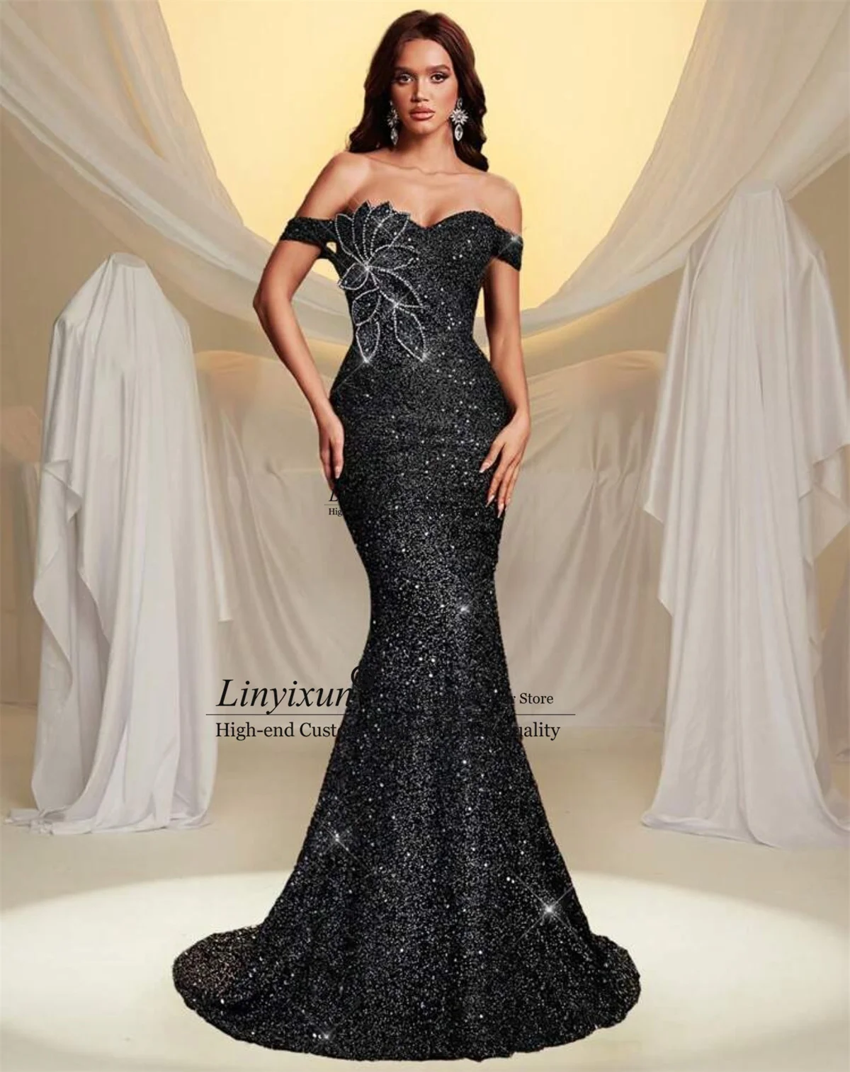 Glitter Pailletten 3D Floars Zeemeermin Prom Jurk Voor Zwart Meisje Aangepaste Sexy Avond Party Gown Afrikaanse Dubai Lange Robe De Soire